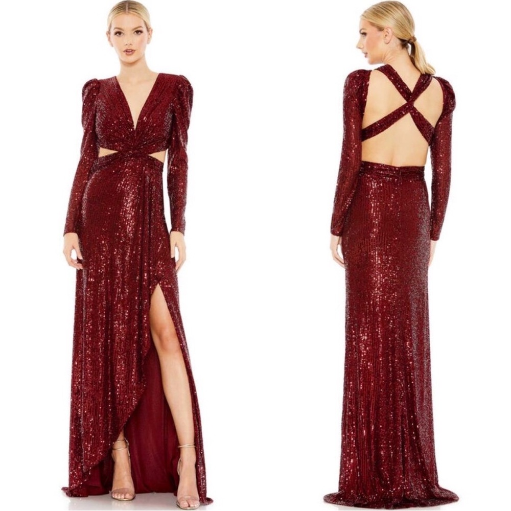 Mac Duggal Sequined Criss Cross Cutout Long Sleeve Gown Women 0 Wine Red 26739